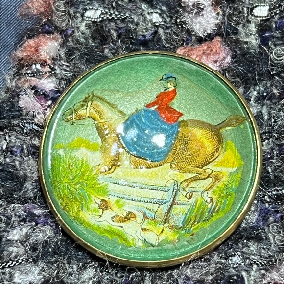 🇫🇷Original Bridle Rosette Pins W / Fox Hunting Under Glass Brass Bezels - Picture 1 of 6